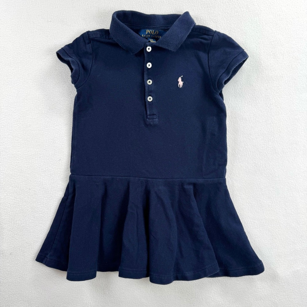 Polo Ralph Lauren‎ Girls Navy Blue Short Sleeve Cotton Polo Dress 2T Pink Pony